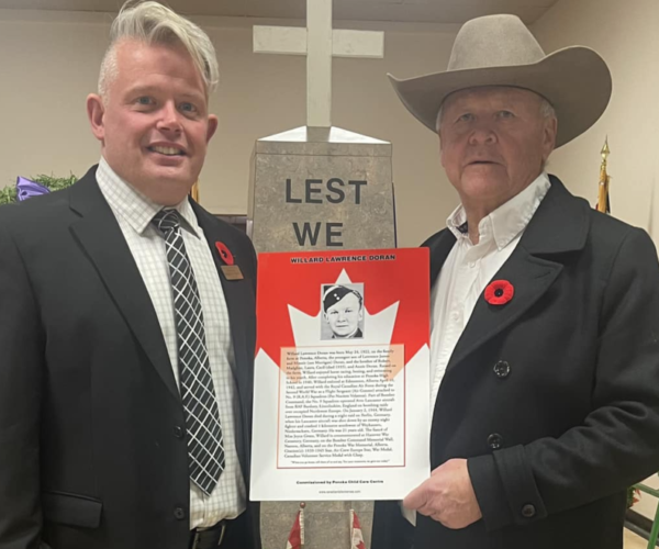 Pastor Rob McArthur &Rick Wierzba, Willard’s nephew, showcase the memorial print of Fallen Hero Willard Lawrence Doran.